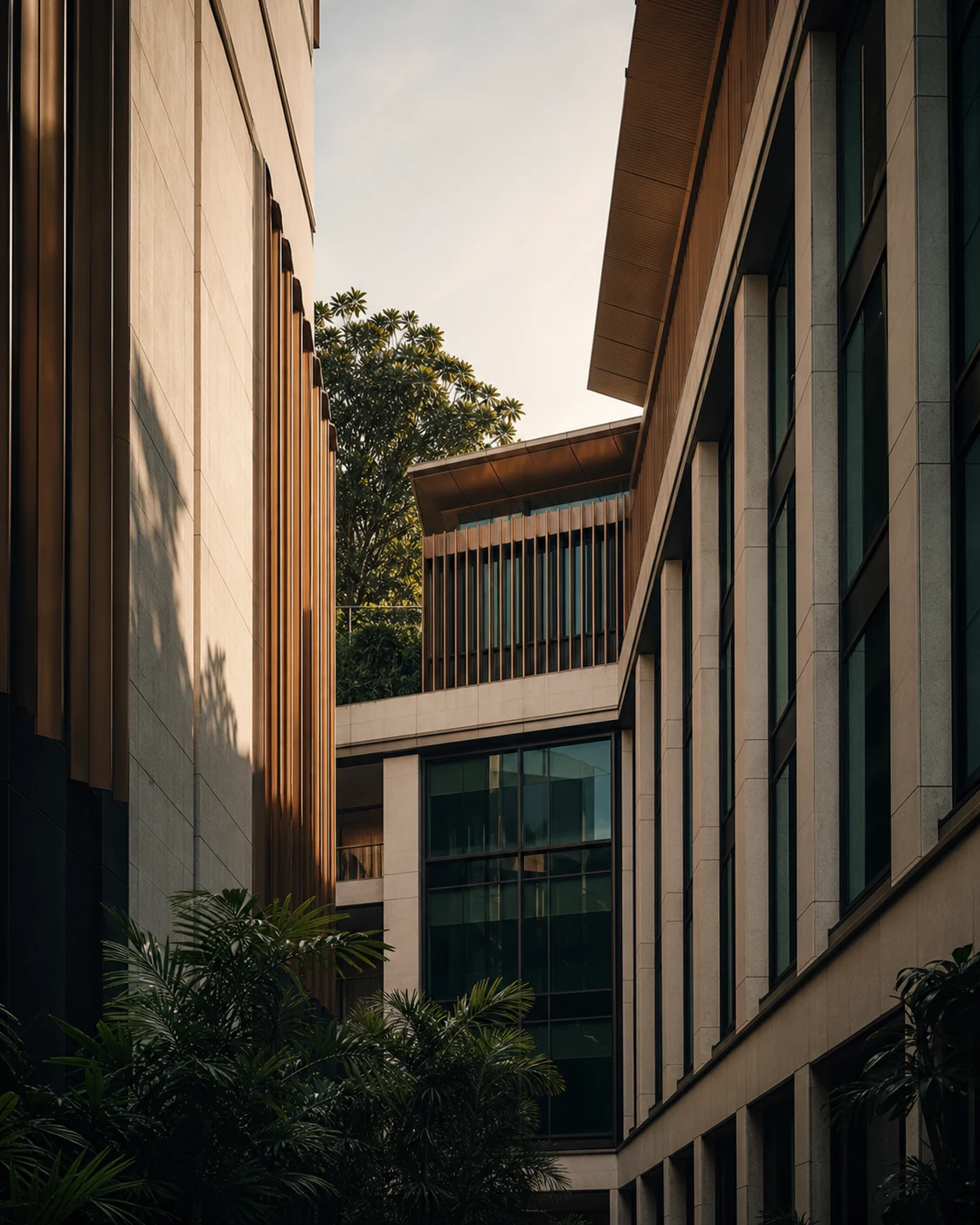 Contemporary stone and bronze architecture framed by tropical planting